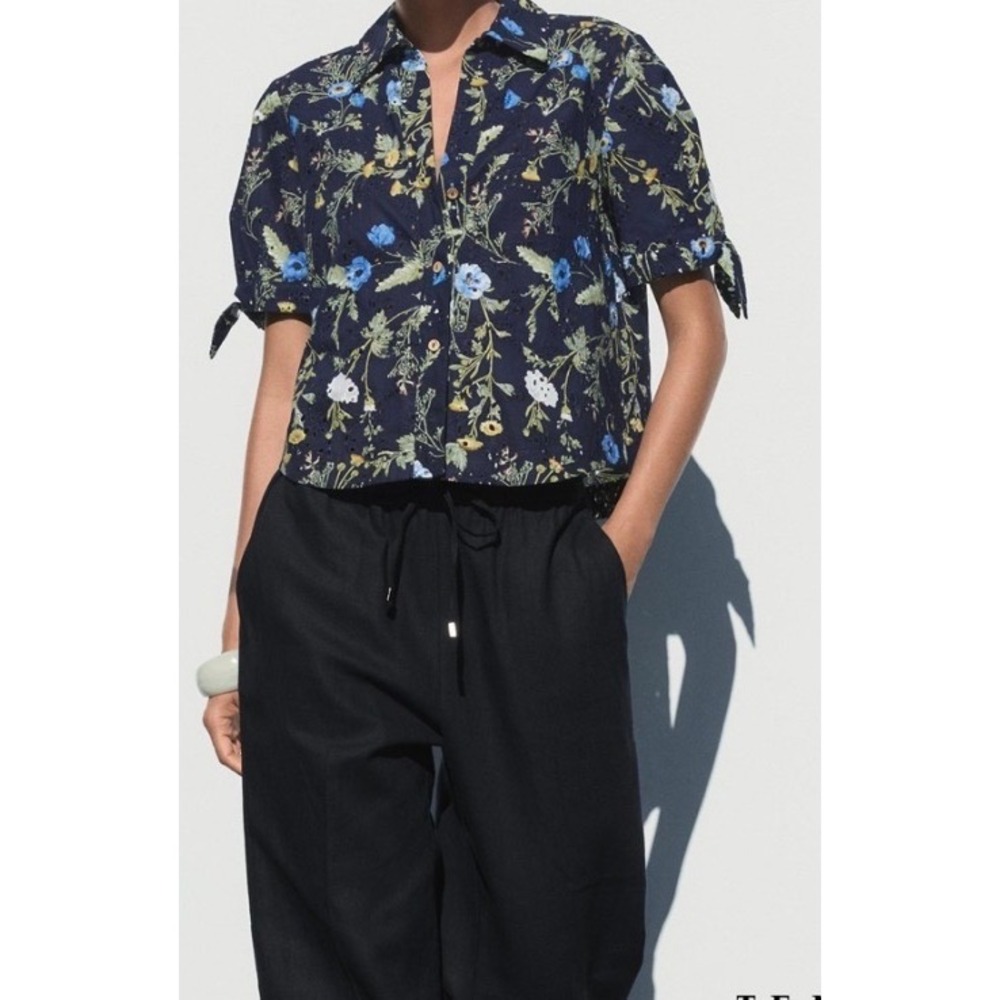 Zara Navy Blue Eyelet Floral Button Down Short Sleeve Tie Cuff Shirt S 3465/659